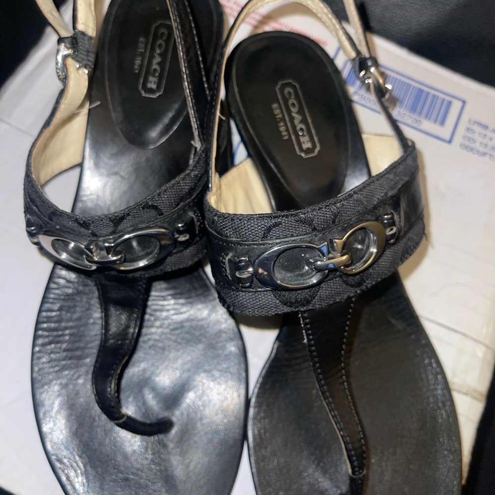 Coach Despina Black Thong Wedge Sandals with Silver Hardware Size 10B - Picture 2 of 16
